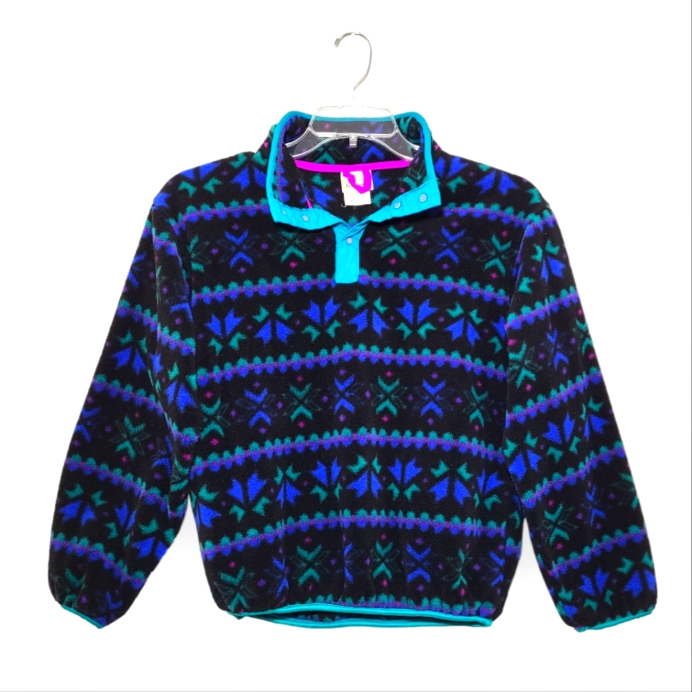 L.L. Bean Vintage 90s Fleece Pullover Snap Button Collar Black Blue Pink Large
